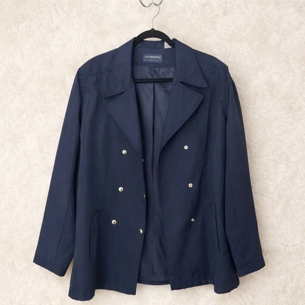 Liz Claiborne LizSport Double Breasted Jacket L Navy Minimalist Trench Preppy 90